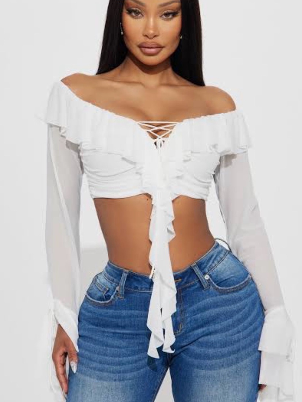 NEW WITH TAGS: Fashion Nova White Off-Shoulder Ruffle Lace-Up Crop Top (#115)